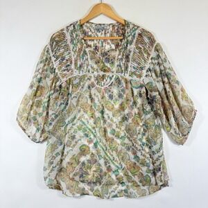 World Market‎ Womens Large XL Sheer Beige Paisley Boho Peasant Pintuck Shirt Top